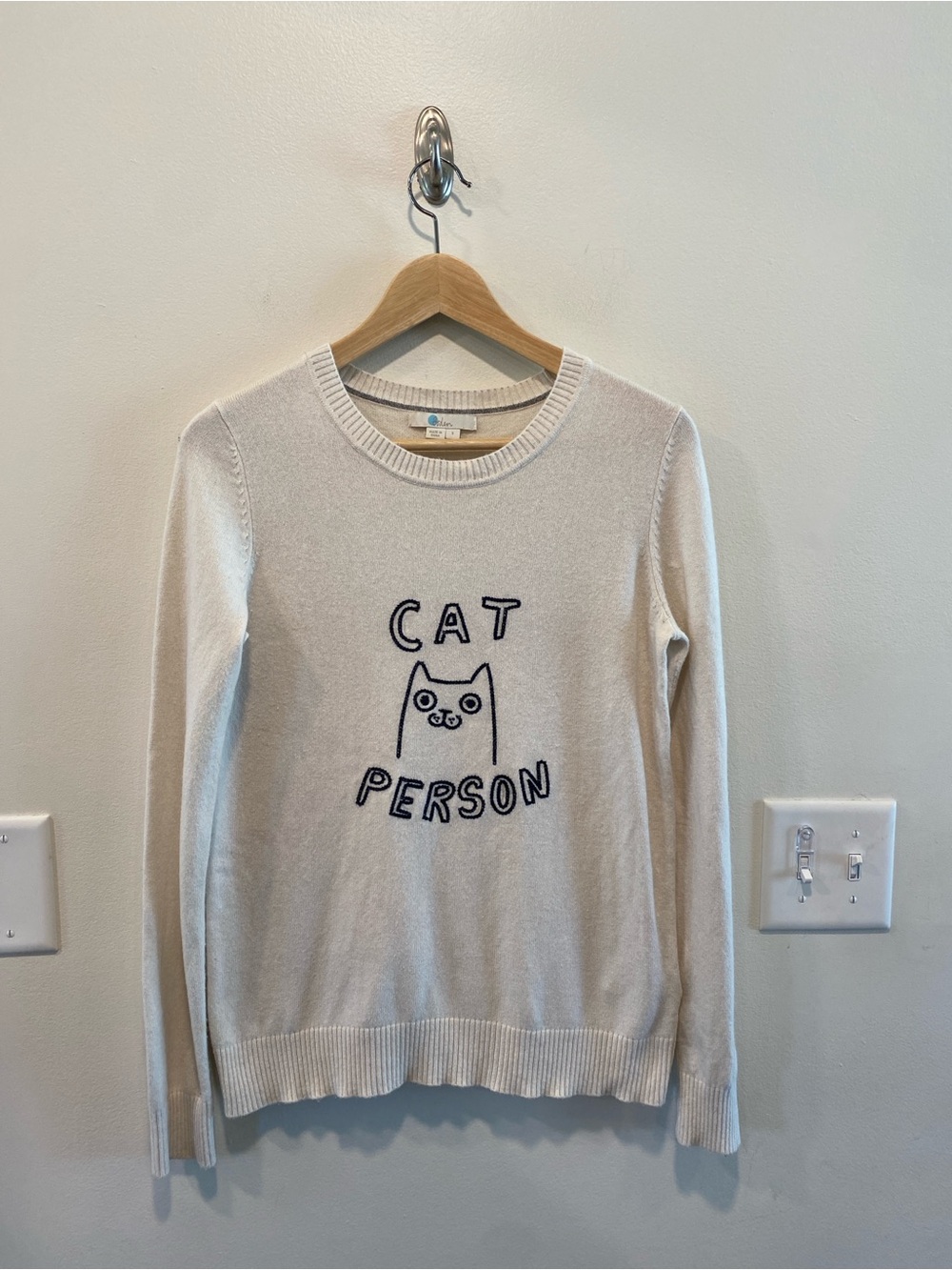 Boden Estella Cat Person sweater women’s size small cream kitten Wool Cashmere